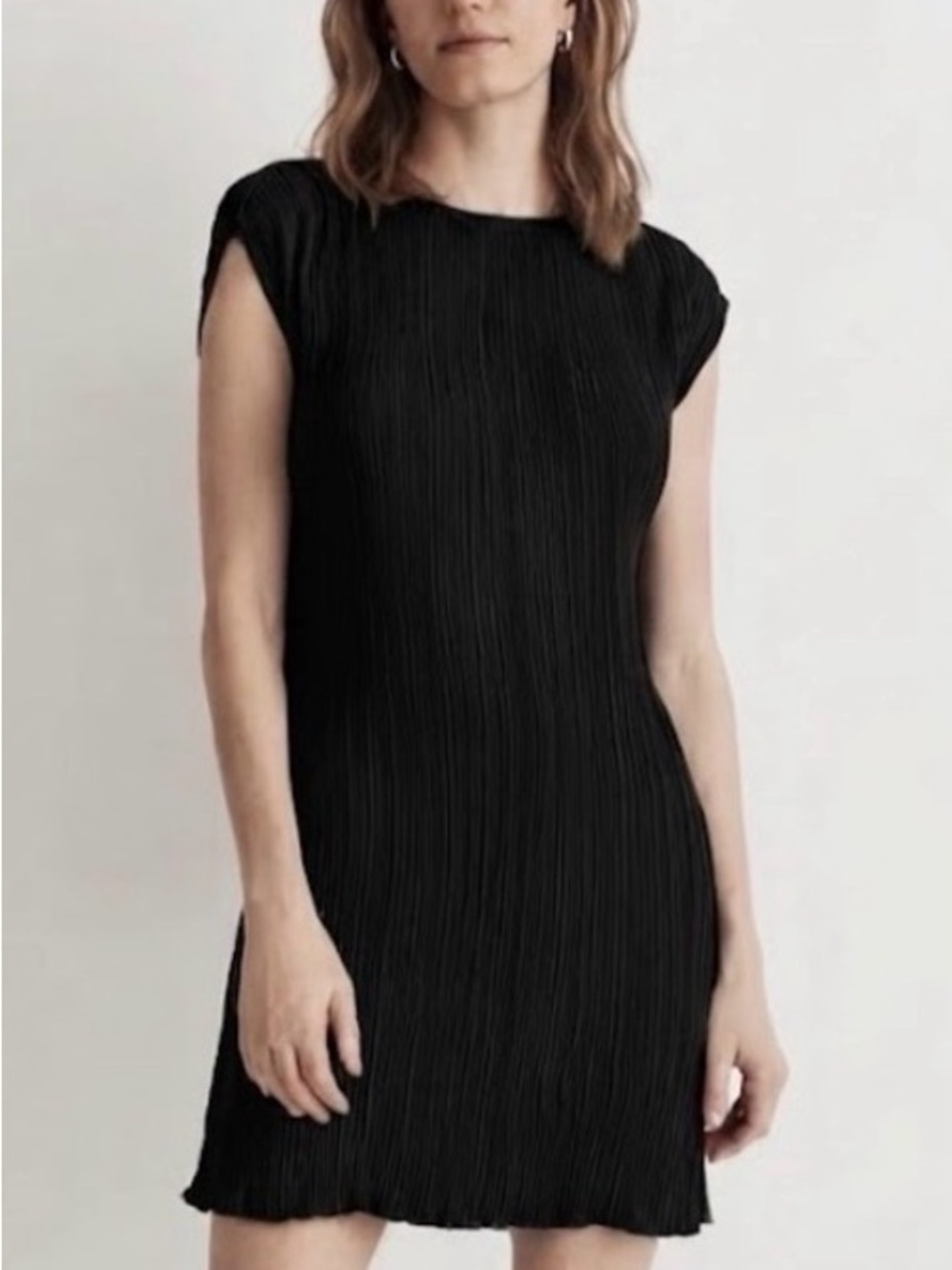 Madewell Black Mini Pleated Cap-Sleeve Dress